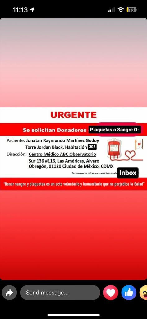 juthsha's tweet photo. #Urgente 
Necesitamos DONADORES, sino pueden al menos ayúdemme a COMPARTIR.
Mi amigo sigue luchando por su vida.
@vampipe @LauraBruges @AreliPaz @Melissa_Bely @AdrianLebaron @BClebaron @alarcondibujos @Arouet_V @bereaguilarv @beltrandelrio @ChumelTorres @Alberto_Rubio https://t.co/vc32CMv4zw