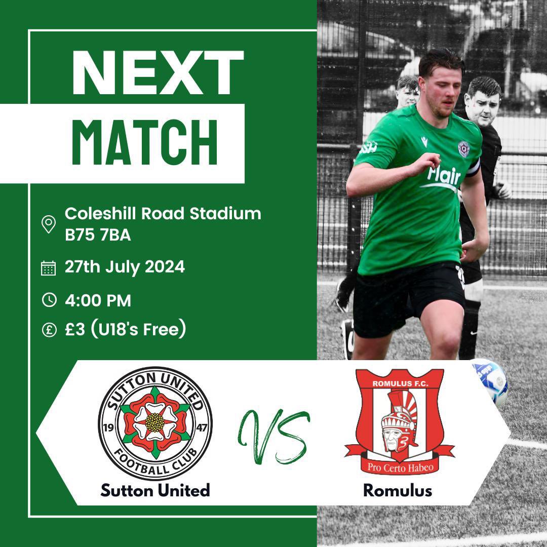 SuttonUtdFC's tweet photo. 1st Team Friendly Match #5

Tomorrow’s match day information.

1 week until the season kicks off so a terrific game in store.

We welcome @Romulus_fc 

🟢⚫️ https://t.co/XVPKZFAdaV