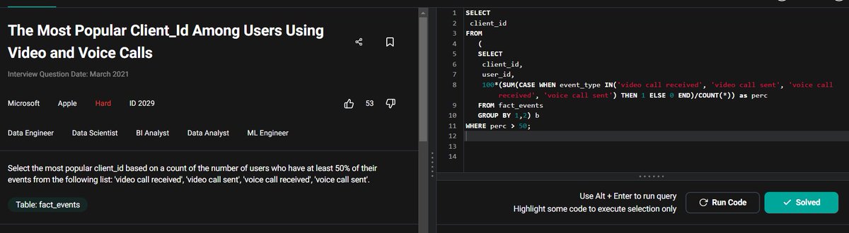 Roopesh_da08's tweet photo. 🚀Day 68 of #ConsistentCodeDays! 

3 more problems down on StrataScratch!
I'm thinking of starting a SQL band.🎸
#MySQL #Coding #LearnInPublic #Tech4All #DataAnalyst #100DaysOfCode #HardWorkPaysOff #Connect #buildinginpublic #LearnInPublic #Analytics #StrataScratch #Data https://t.co/FNjD0y3414