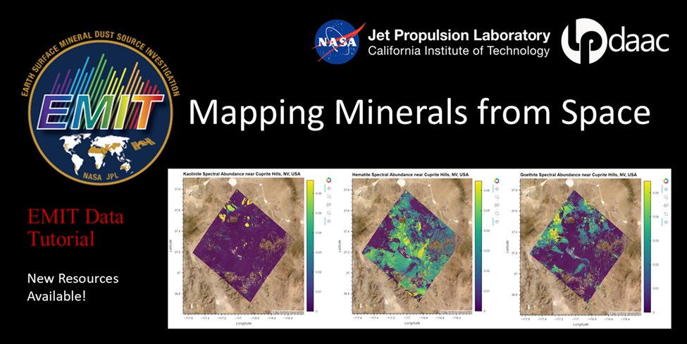 NASAEarthData's tweet image. New #Python Tutorial! A new Jupyter Notebook tutorial developed by NASA&apos;s Land Processes DAAC (#LPDAAC) shows you how to work with NASA&apos;s EMIT L2B Estimated Mineral Identification and Band Depth and Uncertainty data. 

Access Notebook: go.nasa.gov/3WAVA6a