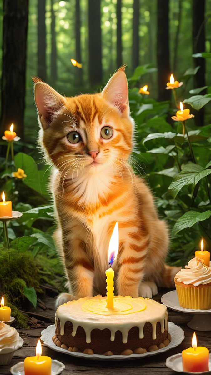 A cute kitten trying to blow cake candles