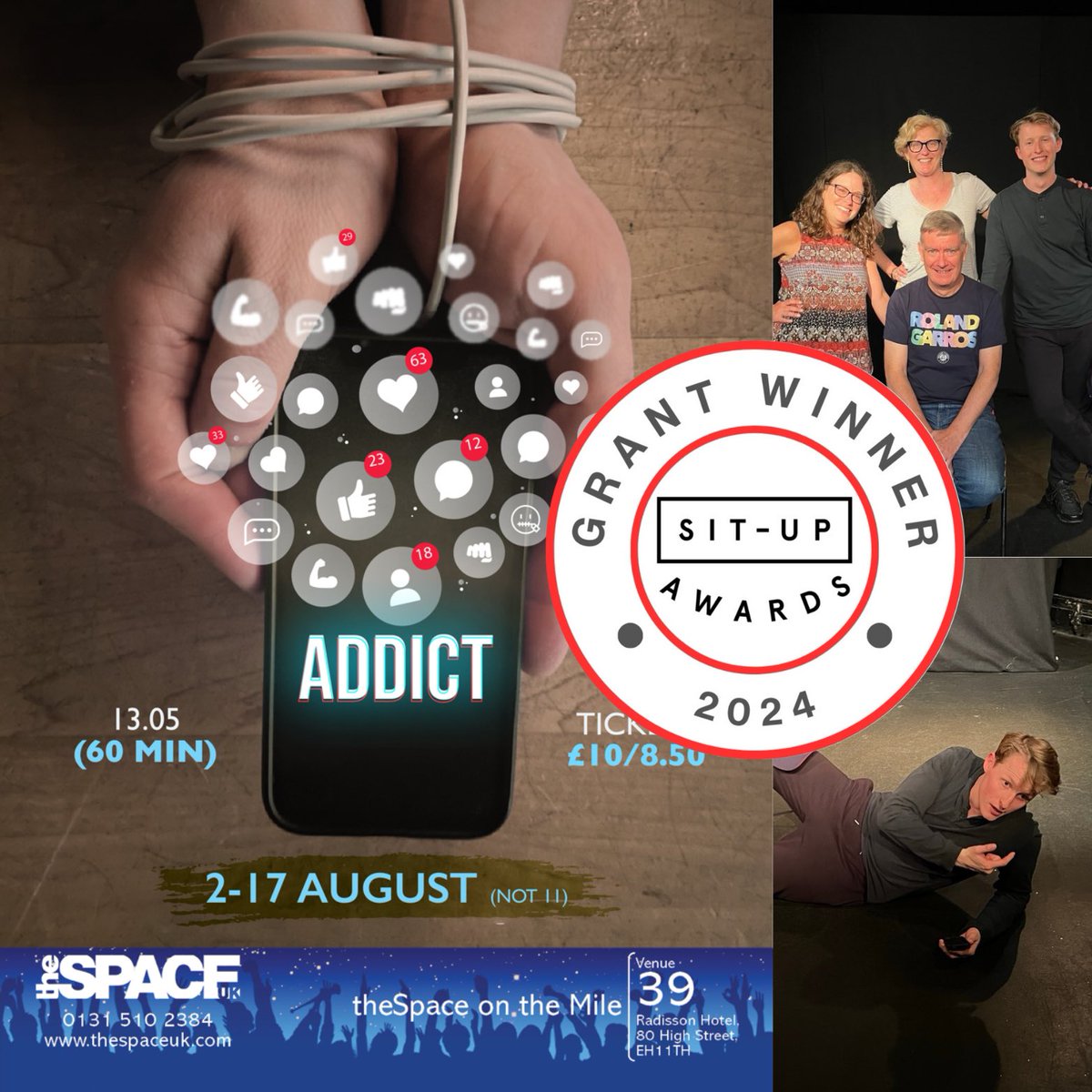 situpawards's tweet image. Grant winner ‘Addict’ addresses #socialmediaaddiction, #onlineabuse and impact on #mentalhealth. We’re supporting @motovoho with their audience engagement and impact @edfringe - 📍@thespaceuk 🗓️2nd-17th Aug 🕰️ 13.05 #unleashyourfringe #edfringe2024 #situpawards #addicttheplay