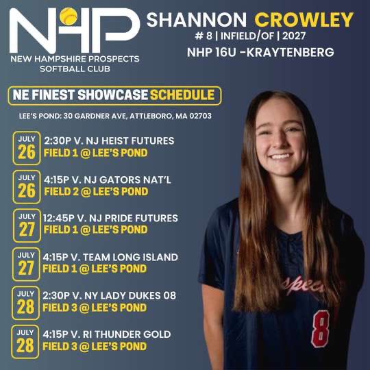 Here is my schedule for the last tournament of the season. Can’t wait to finish the season strong in the NE Finest Showcase!🥎<a href="/NhpSoftball/">NH Prospects Softball Uncommitted</a>