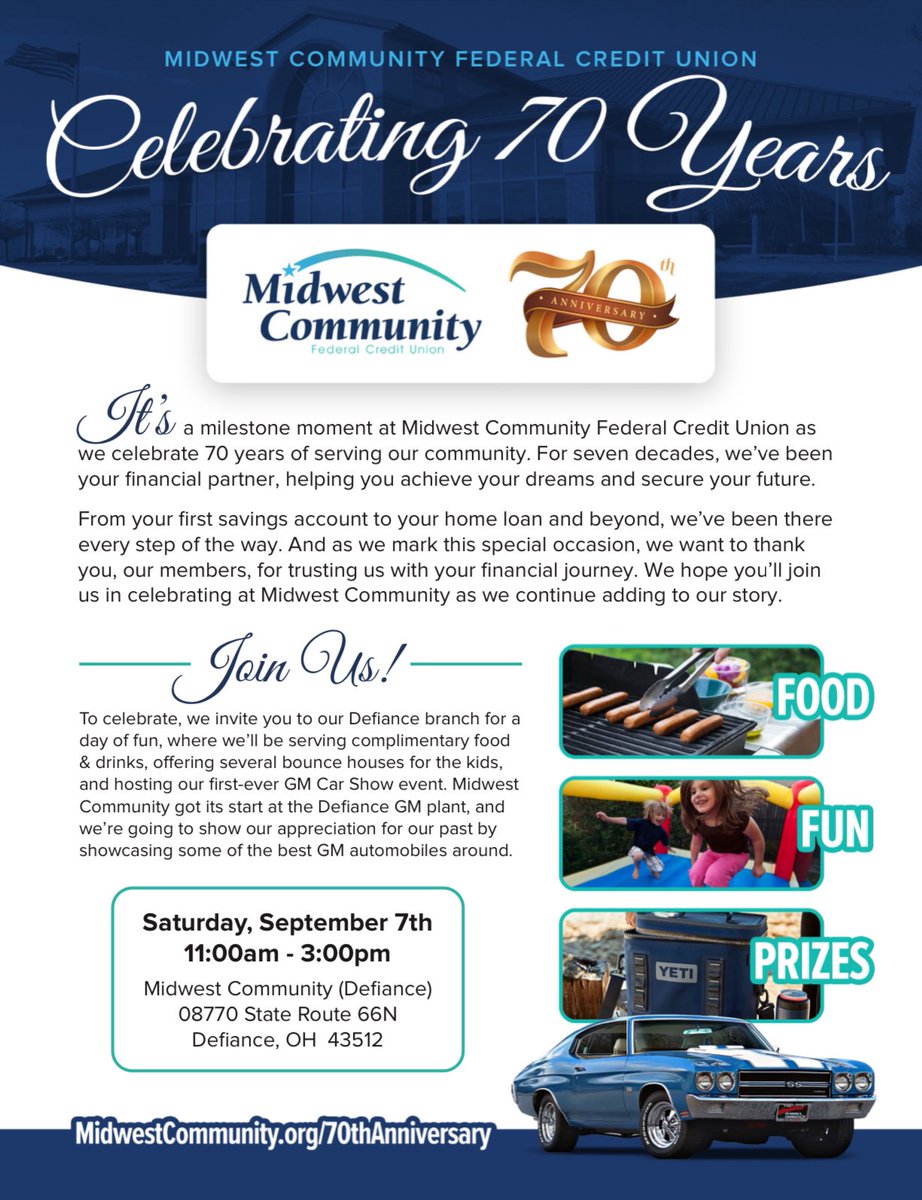 MidwestCommFCU's tweet image. Join us as we celebrate 70 years in #NorthwestOhio! 🎉 Visit midwestcommunity.org/70thanniversary for more info! @DefianceChamber @HenryCoChamber @CityofBryanOhio