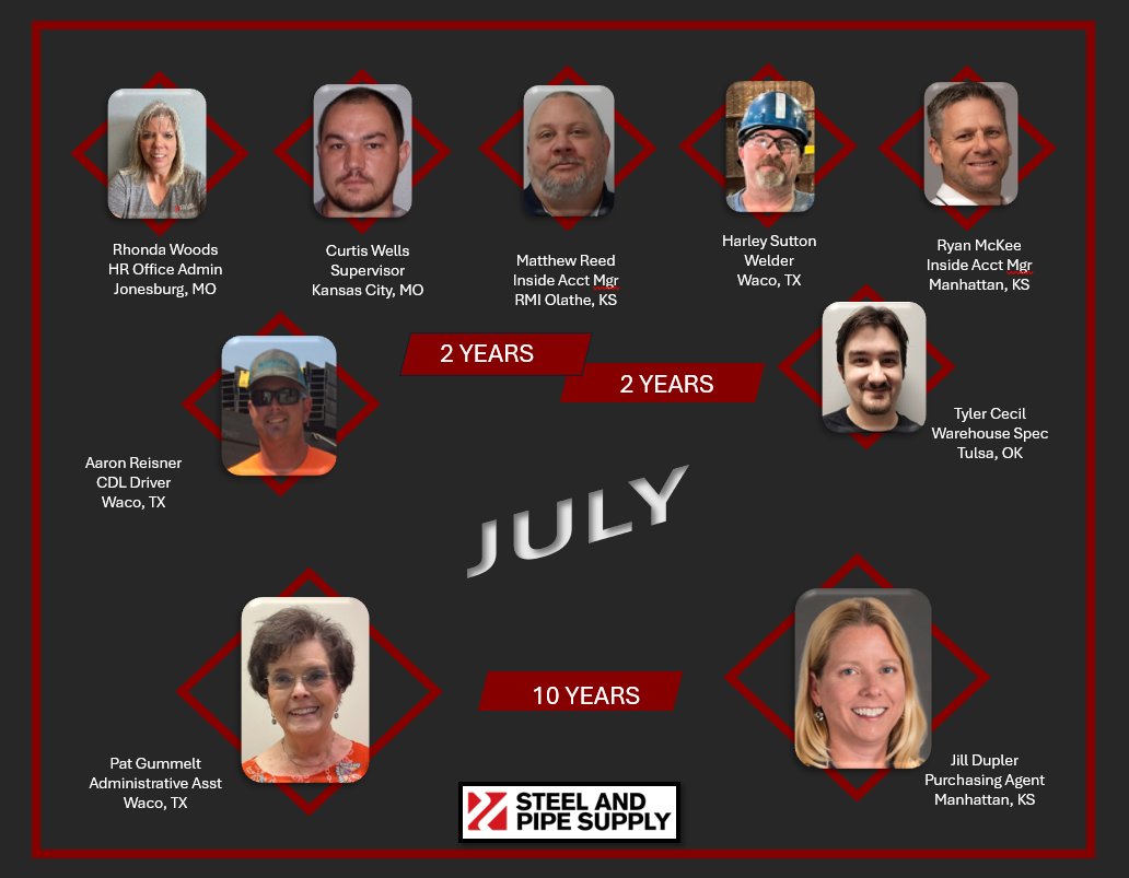 steelandpipe's tweet image. Congratulations to our July Milestone Anniversary employees. Thank you for choosing your career with Steel and Pipe Supply. #anniversar #employeespotlight