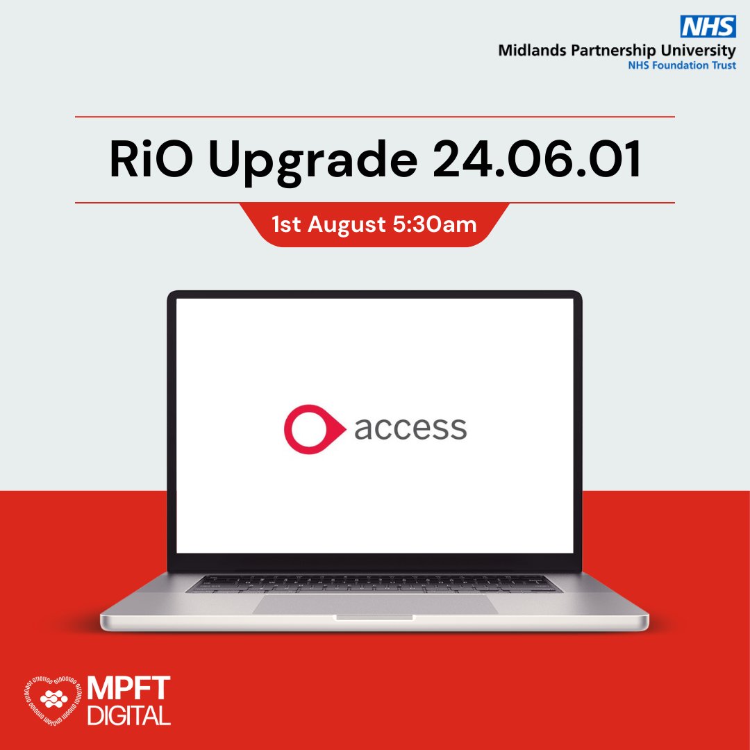 MPFT Digital (NHS) (@mpftdigital) on Twitter photo Dear <a href="/mpftnhs/">Midlands Partnership University NHS FT</a> staff. Please be aware that there will be a RiO Upgrade on Thursday 1st August.
Keep an eye out on Teams and the Noticeboard for further information. Dear <a href="/mpftnhs/">Midlands Partnership University NHS FT</a> staff. Please be aware that there will be a RiO Upgrade on Thursday 1st August.
Keep an eye out on Teams and the Noticeboard for further information.