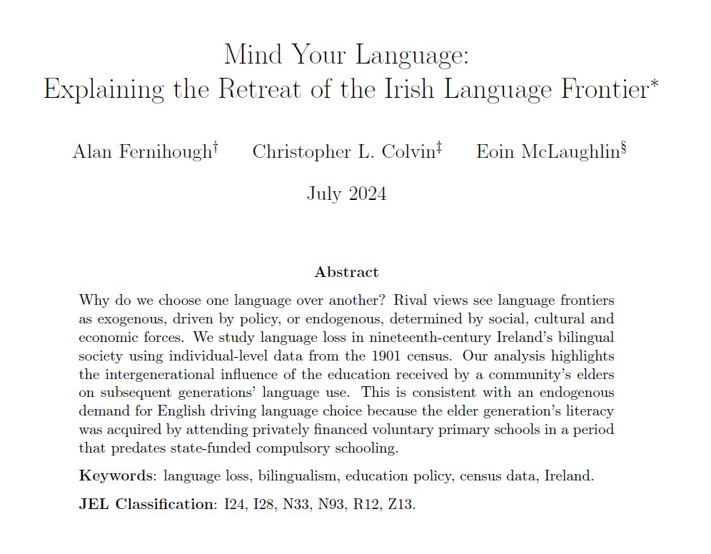 New working paper announcement! Ever wondered why Irish is such an endangered language? Joint work with Alan Fernihough and Eoin McLaughlin (<a href="/eoinaldo/">eoinaldo</a>) crunches the numbers. We argue language loss was driven by endogenous demand for English, not exogenous policy imposition.