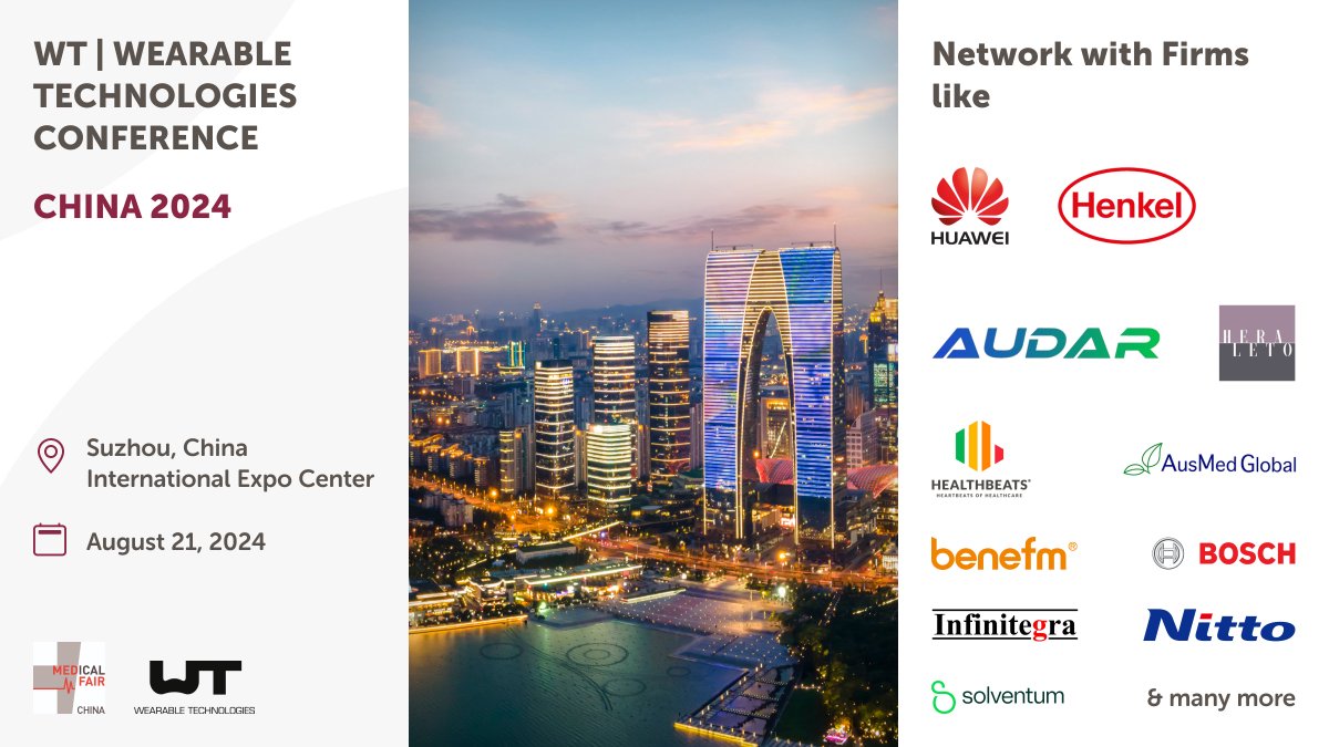WearableTech's tweet photo. We're thrilled to announce that the WT | Wearable Technologies Conference will be making its debut at the Medical Fair China in less than a month! 🎉

Join us in China🇨🇳 https://t.co/Hbzva0qlQS

#WTChina24 #WearableTechnologies #MedicalFairChina #HealthcareInnovation #China https://t.co/CoWI5IXSS9