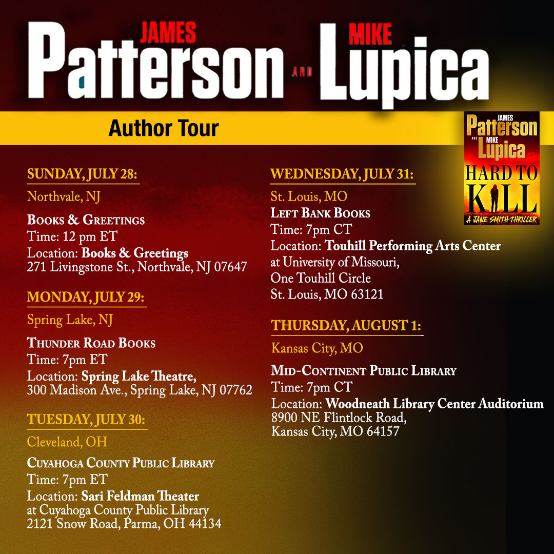 JP_Books's tweet photo. @MikeLupica and I are hitting the road next week to celebrate the release of our new Jane Effing Smith thriller, HARD TO KILL. Here’s where you can see the Mike-and-Jimmy show. Come hear us talk the best character we’ve ever created: https://t.co/kEExPpt5Td 

#JaneSmith https://t.co/SYKYsCscbF