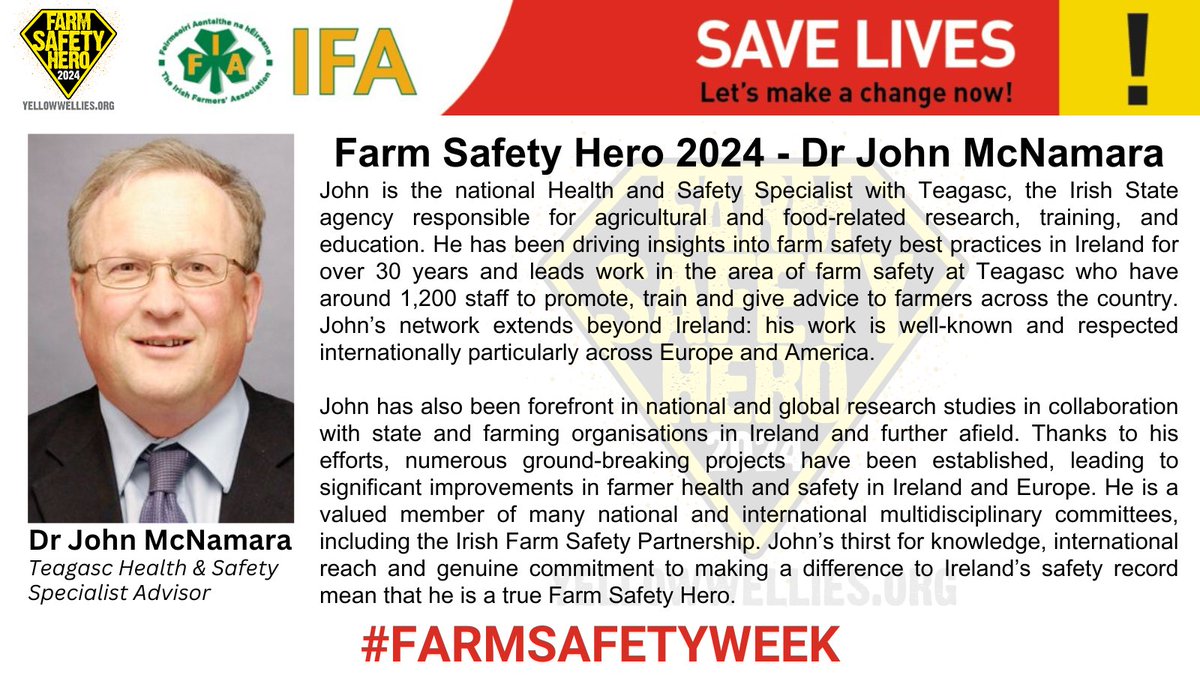 This year's Farm Safety Hero is Dr. John McNamara, Teagasc Health &amp; Safety Specialist Advisor. Congratulations to John, and thank you for all your incredible work. 

#FarmSafetyWeek
