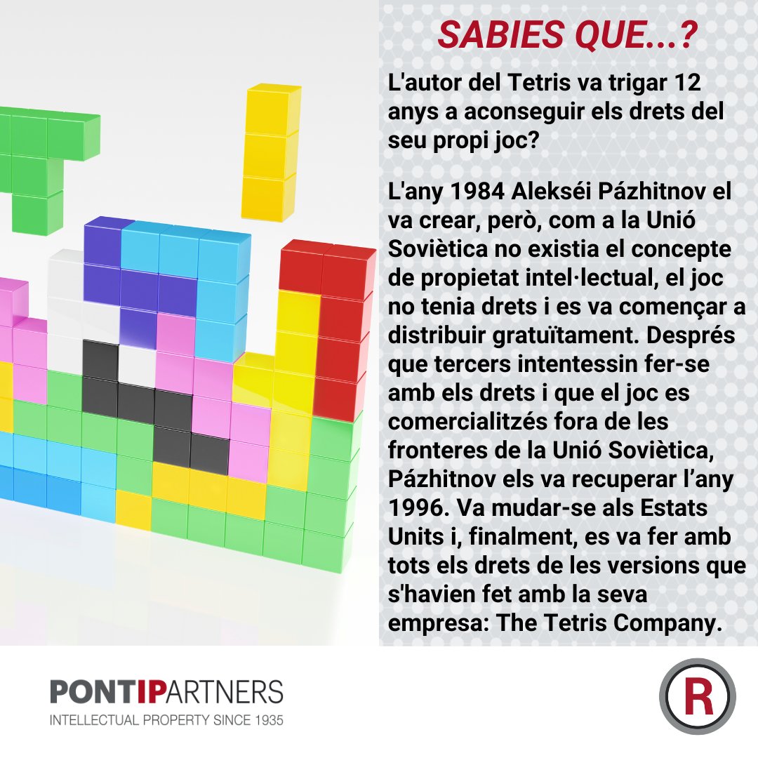 PONTI & PARTNERS (@ponti_ip) on Twitter photo Divendres de <a href="/Ponti_IP/">PONTI & PARTNERS</a> -curiositats
Fa 40 anys que el famós Tetris va veure la llum. Un joc que avui dia compta amb una forta protecció en propietat industrial, amb marca, nom, logo i música protegits. Però no sempre va ser aixi...
#Ponti Divendres de <a href="/Ponti_IP/">PONTI & PARTNERS</a> -curiositats
Fa 40 anys que el famós Tetris va veure la llum. Un joc que avui dia compta amb una forta protecció en propietat industrial, amb marca, nom, logo i música protegits. Però no sempre va ser aixi...
#Ponti