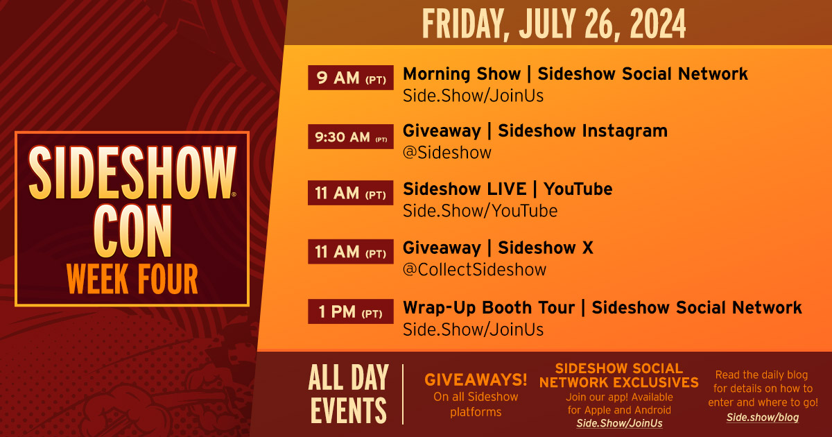 collectsideshow's tweet image. Side.Show/Con

We&apos;ve reached the final day of Sideshow Con! 😭 We still have livestreams, giveaways, and surprises before we finish up this event! Check out our schedule and head to our blog so you can stay up to date on today&apos;s happenings.

#SideshowCon #ComicCon #SDCC
