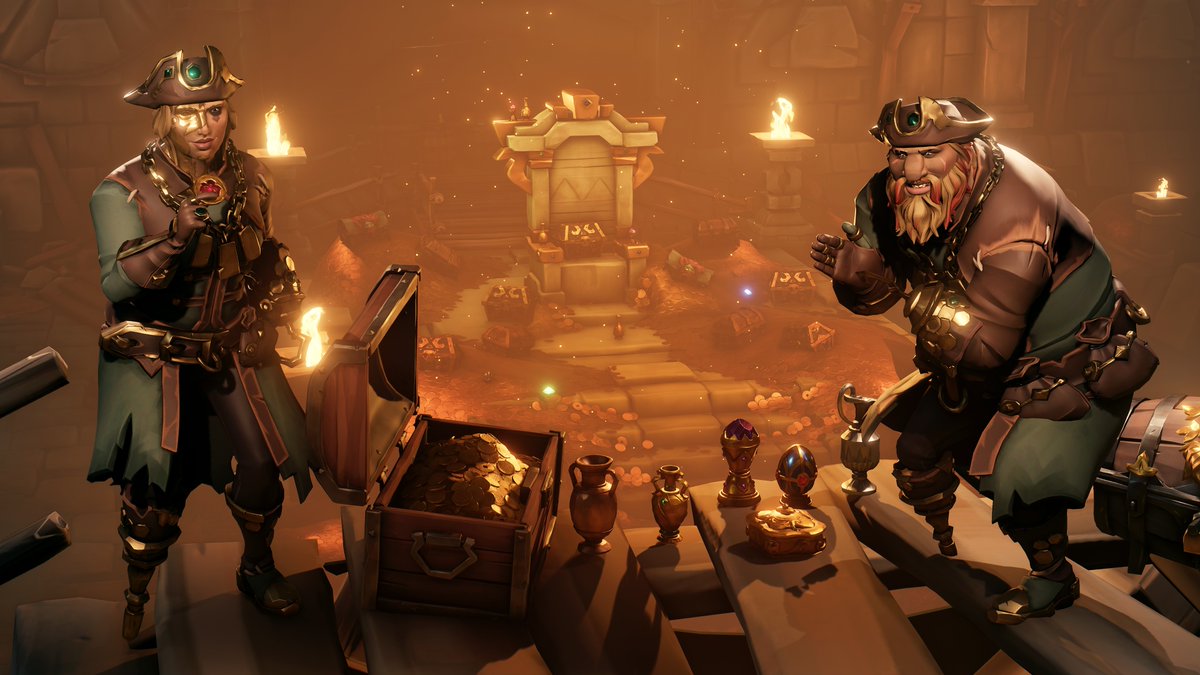 SeaOfThieves's tweet photo. What's better than gold? That's right, free gold! Restore your dwindling supplies for Flameheart's return with a gift of 50,000 gold simply by logging in to Sea of Thieves and setting foot on an Outpost between now and July 28th (11:59pm UTC). You're welcome. https://t.co/6JdTDgjhW0