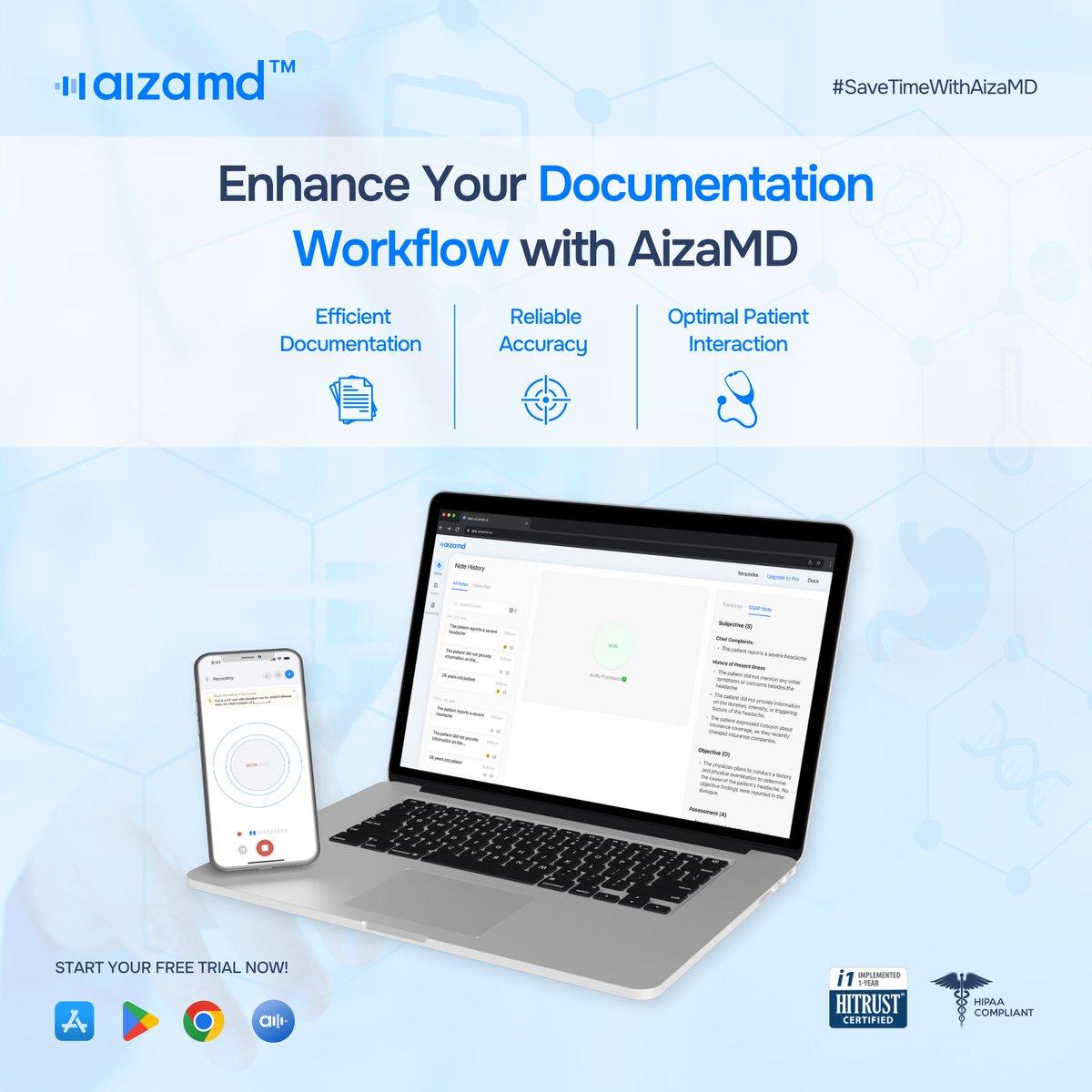 Efficiency meets precision in healthcare documentation. AizaMD simplifies SOAP notes creation so you can focus on what matters most—patient care. 📝✨ 

Try AizaMD Today!
💻 WebApp: app.aizamd.ai
🌐 Chrome Extension: chromewebstore.google.com/detail/aizamd/…

#AizaMD #SOAPNotes