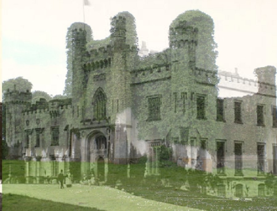 Photo of Moydrum Castle as it appears on the cover of The Unforgettable Fire merged with a photo of how it looked in its heyday. 🏰