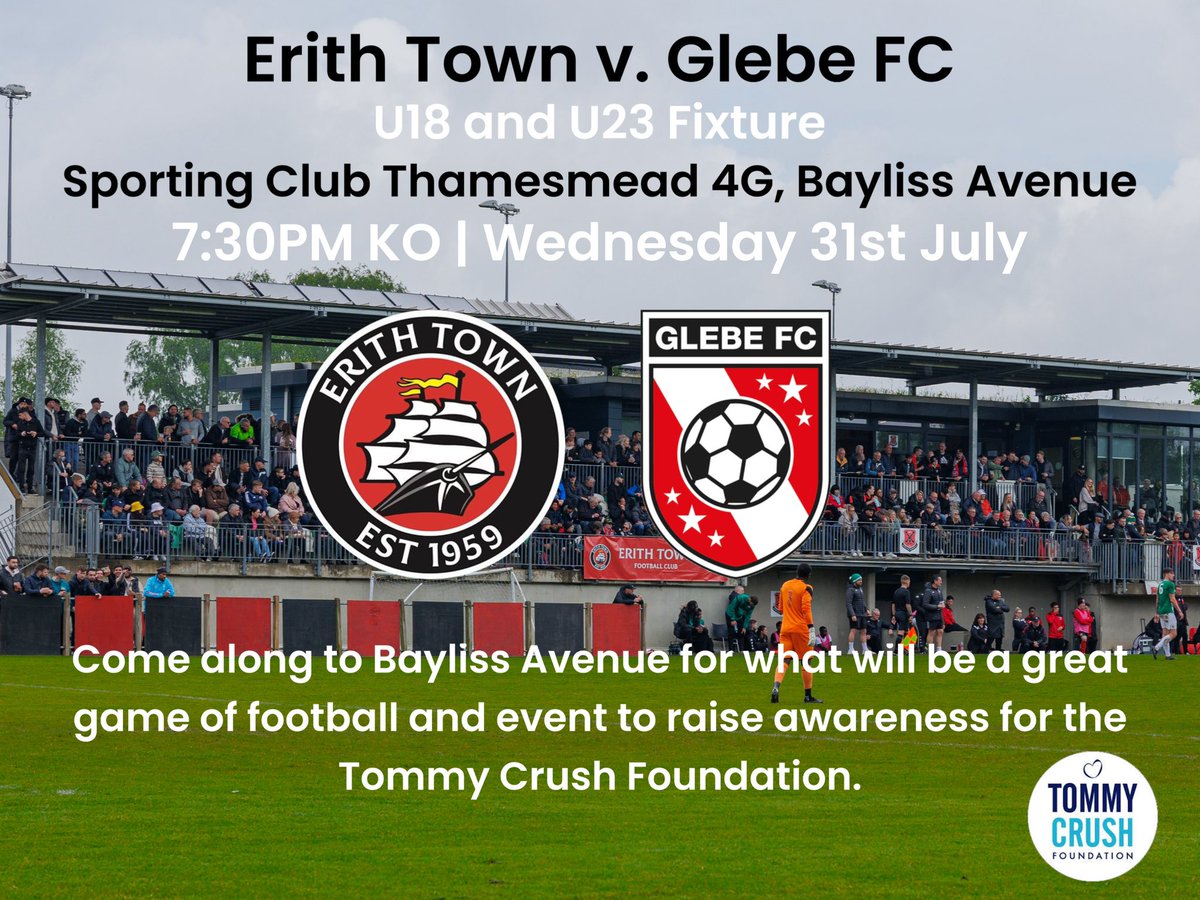Erith Town Youth (@erithyouth) on Twitter photo 🚢 | <a href="/TommyCrushFDN/">TommyCrushFoundation</a> FIXTURE
<a href="/TownU23/">ErithTownU23</a> & <a href="/ErithU18/">Erith Town U18’s</a> will be taking part in a midweek friendly next week with <a href="/glebefootball/">Glebe Football Club</a> U18s to raise awareness for the Tommy Crush Foundation.
To support this wonderful charity, get yourself down to SE28 next Wednesday!
#UpTheDockers 🚢 | <a href="/TommyCrushFDN/">TommyCrushFoundation</a> FIXTURE
<a href="/TownU23/">ErithTownU23</a> & <a href="/ErithU18/">Erith Town U18’s</a> will be taking part in a midweek friendly next week with <a href="/glebefootball/">Glebe Football Club</a> U18s to raise awareness for the Tommy Crush Foundation.
To support this wonderful charity, get yourself down to SE28 next Wednesday!
#UpTheDockers