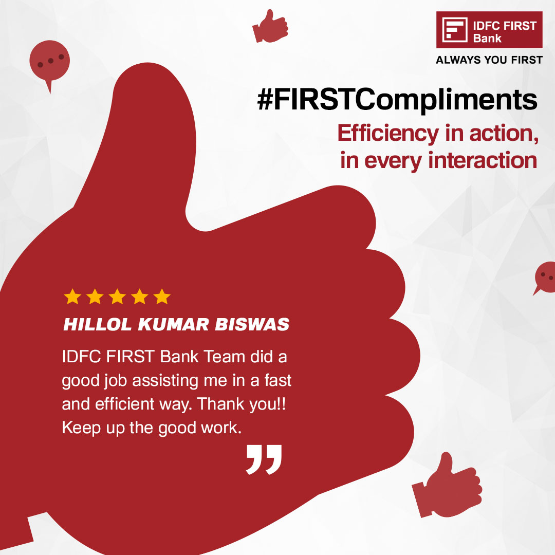 IDFCFIRSTBank's tweet photo. At IDFC FIRST Bank branches, you can 'bank' on our top-notch service because your compliments keep us committed to putting you first, always. Join the conversation and deposit your compliments here: https://t.co/zyrQd3eL9R
#IDFCFIRSTBank #AlwaysYouFirst #FIRSTCompliments https://t.co/XtlHoTm6ot
