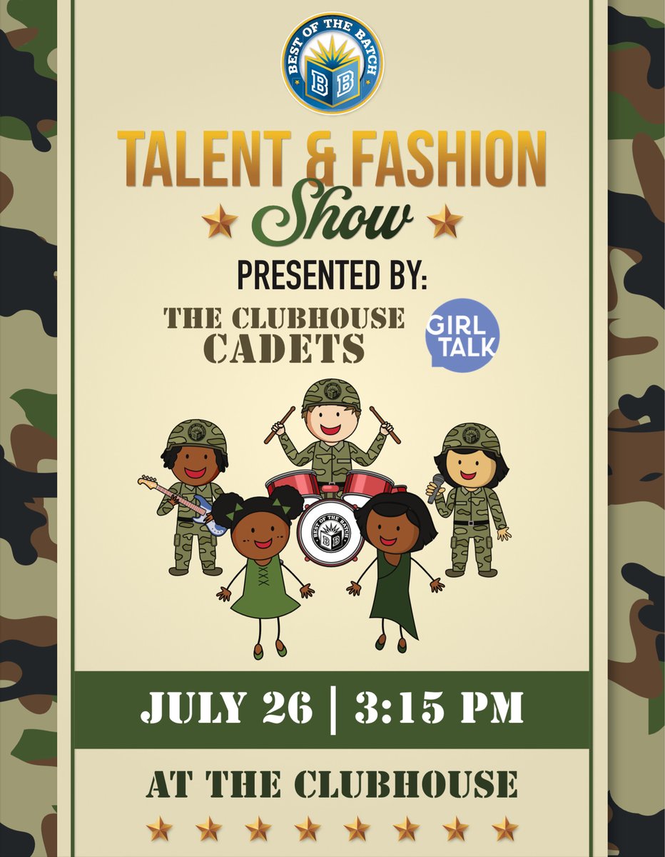 BestoftheBatch's tweet image. 🎉✨ Today’s the BIG DAY! Come to the Clubhouse for an amazing talent and fashion show, the best in town. Don’t miss out on the fun! 💃🎤👗 #ClubhouseShow #FashionAndTalent  #campbatch #graditude #bootcamp #summercamp #clubhouse #weready