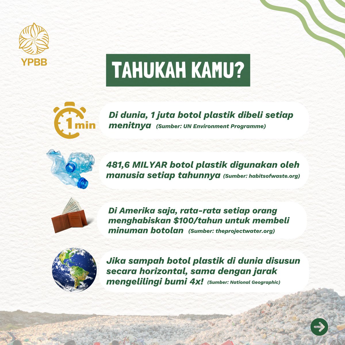 ypbb_id's tweet image. Dengan harga kisaran 2k-3k rupiah per botol, air minum dalam kemasan (AMDK) terlihat murah &amp;amp; praktis karena bisa kita dapatkan dengan mudah. Namun, ada biaya-biaya tidak nampak yang harus kita bayar yaitu: eksploitasi alam &amp;amp; pencemaran sampah di alam kita. 
#stopsingleuseplastic