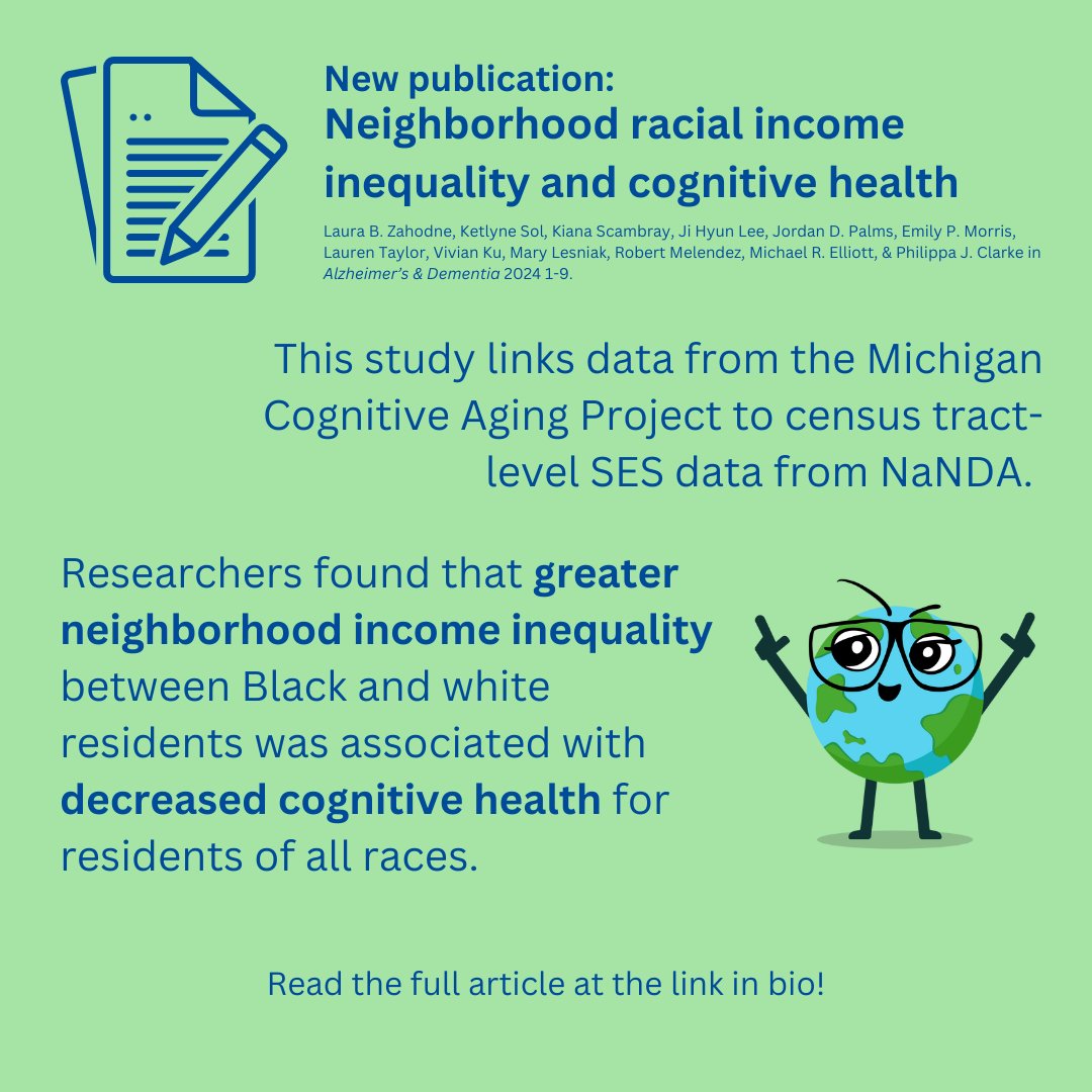 The National Neighborhood Data Archive (NaNDA) (@um_nanda) on Twitter photo <a href="/UM_NaNDA/">The National Neighborhood Data Archive (NaNDA)</a> researchers and colleagues recently published this exciting paper in Alzheimers & Dementia, the journal of the <a href="/alzassociation/">Alzheimer's Association</a>!
Read the article here to learn more about the linkages between neighborhood inequality and cognitive aging: doi.org/10.1002/alz.13… <a href="/UM_NaNDA/">The National Neighborhood Data Archive (NaNDA)</a> researchers and colleagues recently published this exciting paper in Alzheimers & Dementia, the journal of the <a href="/alzassociation/">Alzheimer's Association</a>!
Read the article here to learn more about the linkages between neighborhood inequality and cognitive aging: doi.org/10.1002/alz.13…