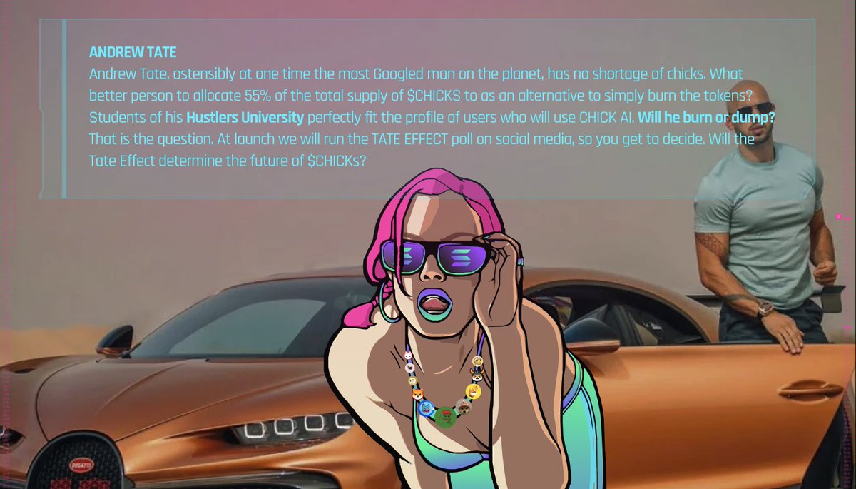 Andrew Tate Airdrop campaign starts now, all you need to get whitelisted is:
1. Like this tweet
2. Follow <a href="/ChickAICoin/">$CHICK AI</a> 
3. Retweet and tag <a href="/Cobratate/">Andrew Tate</a> asking to Burn 55% of $CHICK supply!
4. Drop your wallet in comments below!

🚀 LFG guys! <a href="/Cobratate/">Andrew Tate</a> time to burn your $CHIKS