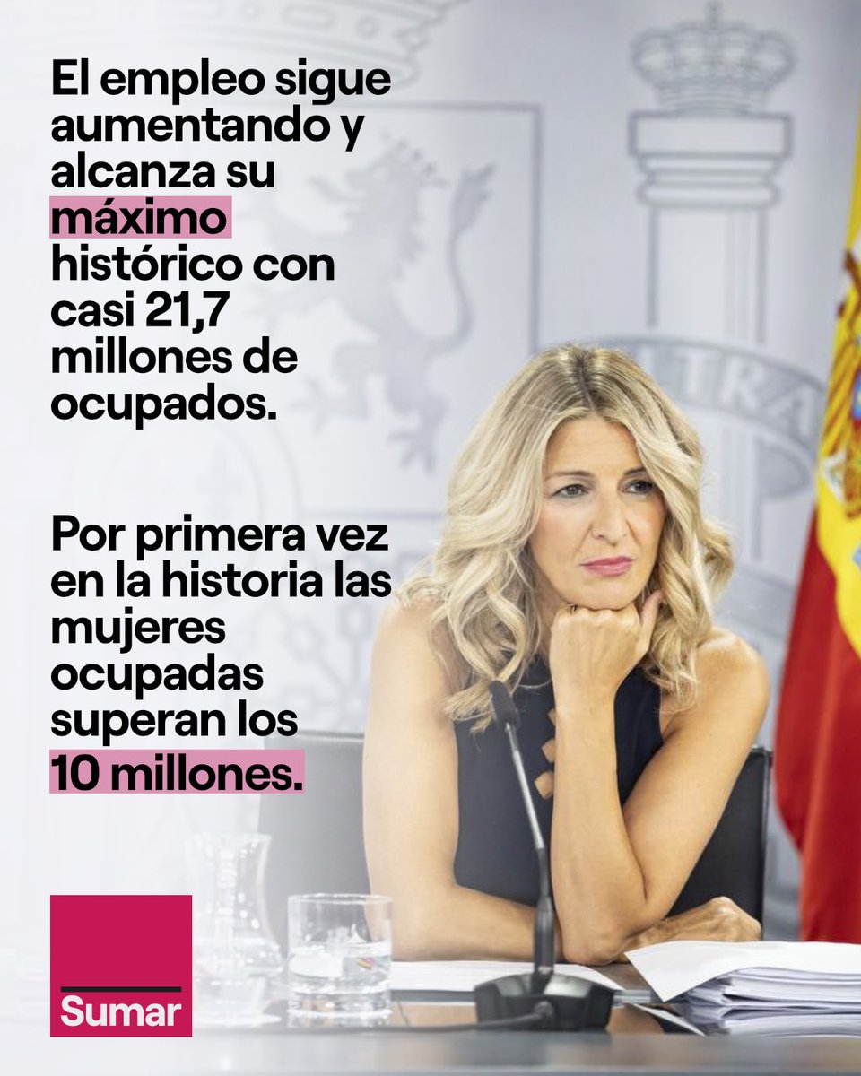 Logramos nuevo récord de empleo.

Los últimos datos de la EPA reflejan casi 21,7 millones de personas ocupadas y más de 10 millones de mujeres trabajando. Más que nunca.

Vamos a por más 🩷