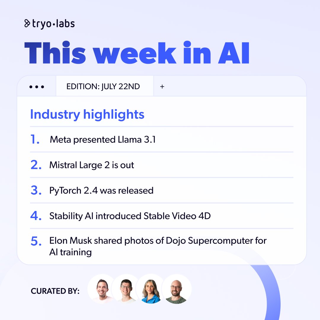 tryolabs's tweet photo. Discover this week's top AI breakthroughs!

Showcasing an extraordinary week of innovation, these are our handpicked AI news! 🚀

#ThisWeekInAIbyTryolabs
📆 2024 | Edition: July 22nd https://t.co/cNkZTgnWLs