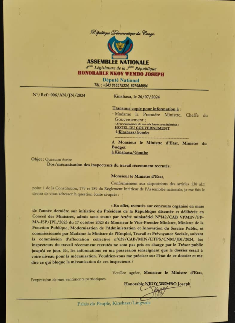 Merci beaucoup à l'honorable NKOY WEMBO Joseph, pour cette adresse au ministre d'État monsieur Aimé BOJI ,qui ne veut pas exécuter l'instruction de chef de l'État Félix Tshisekedi, pour la prise en charge des nouveaux inspecteurs contrôleurs et Agents administratifs recrutés .