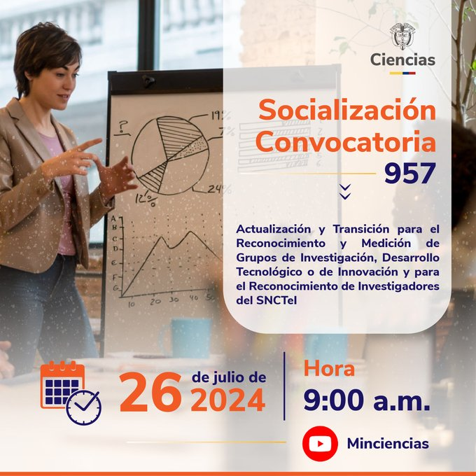MincienciasCo's tweet photo. ¡Recuerda! Hoy, a las 9:00 a.m., participa de la socialización virtual de la convocatoria 957, relacionada con la actualización para el reconocimiento y medición de grupos de investigación.

📄Deja tus preguntas aquí: https://t.co/AMfWkrEo5h
💻Transmisión: https://t.co/mWaPxOue8k https://t.co/2hOt9Yvhx8
