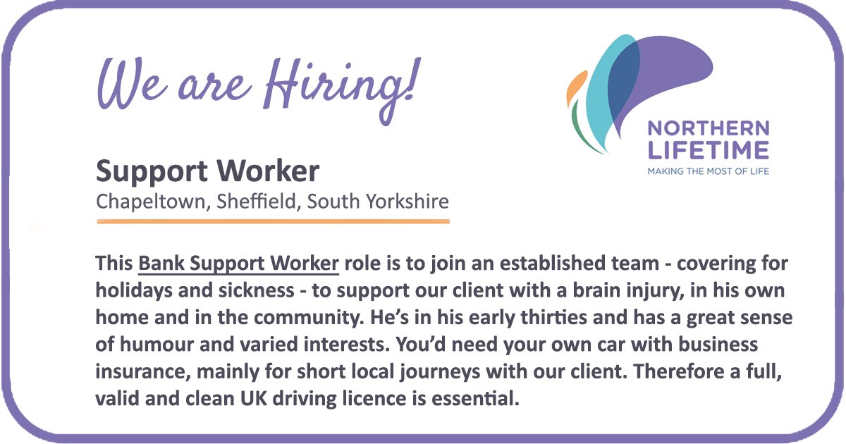 You’ll find a job specification for this Support Worker role in Chapeltown, Sheffield, here northernlifetime.co.uk/recruitment