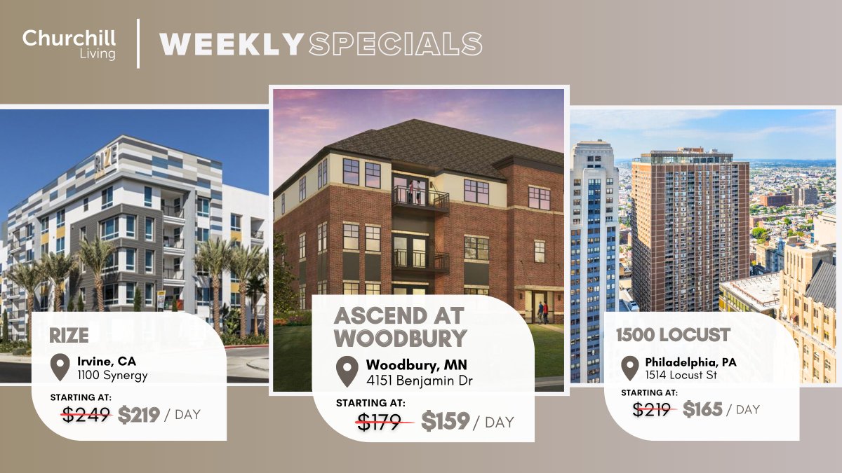 StayChurchill's tweet photo. Be one of the first to stay at one of Churchill’s newest properties in Woodbury, MN, Irvine, CA, or Philadelphia, PA with these limited time deals! Every Churchill Living apartment is complete with designer furnishings, home necessities, and access to exclusive on-site amenities.

Churchill guests enjoy:
⭐️24-hour customer service
⭐️Booking assistance from travel experts
⭐️Access to user-friendly mobile app

For more information and to book, visit:

📍Rize – Irvine, CA https://t.co/LCPa3uEDrc

📍Ascend at Woodbury – Woodbury, MN https://t.co/7YV7RUbfy5

📍1500 Locust – Philadelphia, PA https://t.co/zXLueltNO0

#TravelDeals #FurnishedApartments #TemporaryHousing #SummerTravel