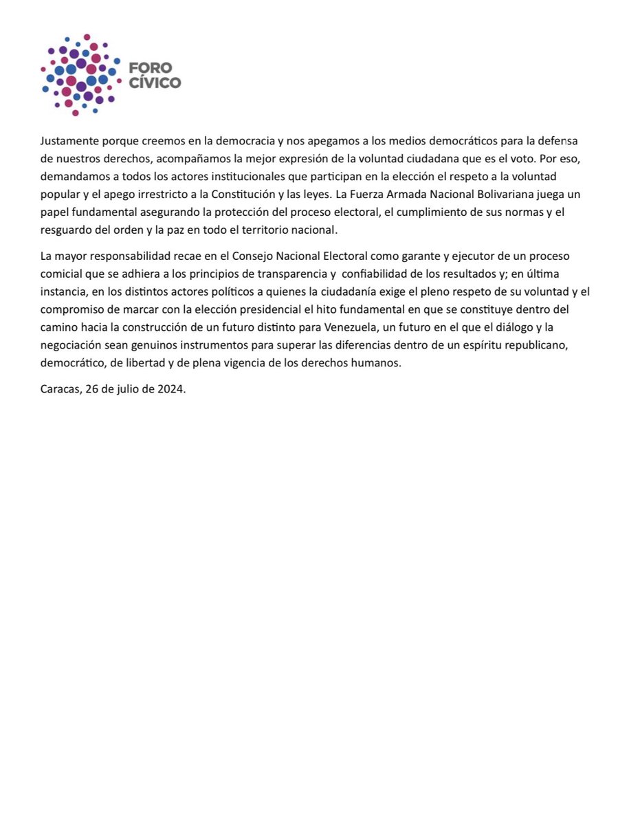 VOTAREMOS CON LA ESPERANZA DE QUE ES POSIBLE UN FUTURO DISTINTO.
Nuestro  llamado es a acudir masivamente a las urnas este #28J, con el fin de encauzar por vías institucionales la transformación del conflicto político. 
Link al comunicado
drive.google.com/file/d/1_yYE1y…

#SomosForoCívico