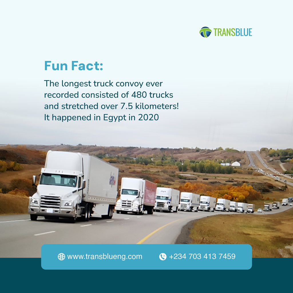 transblueng's tweet image. Did you know  that the longest truck convoy ever was 7.5 kilometers long?
#FridayFun #LogisticsTrivia #FunFacts