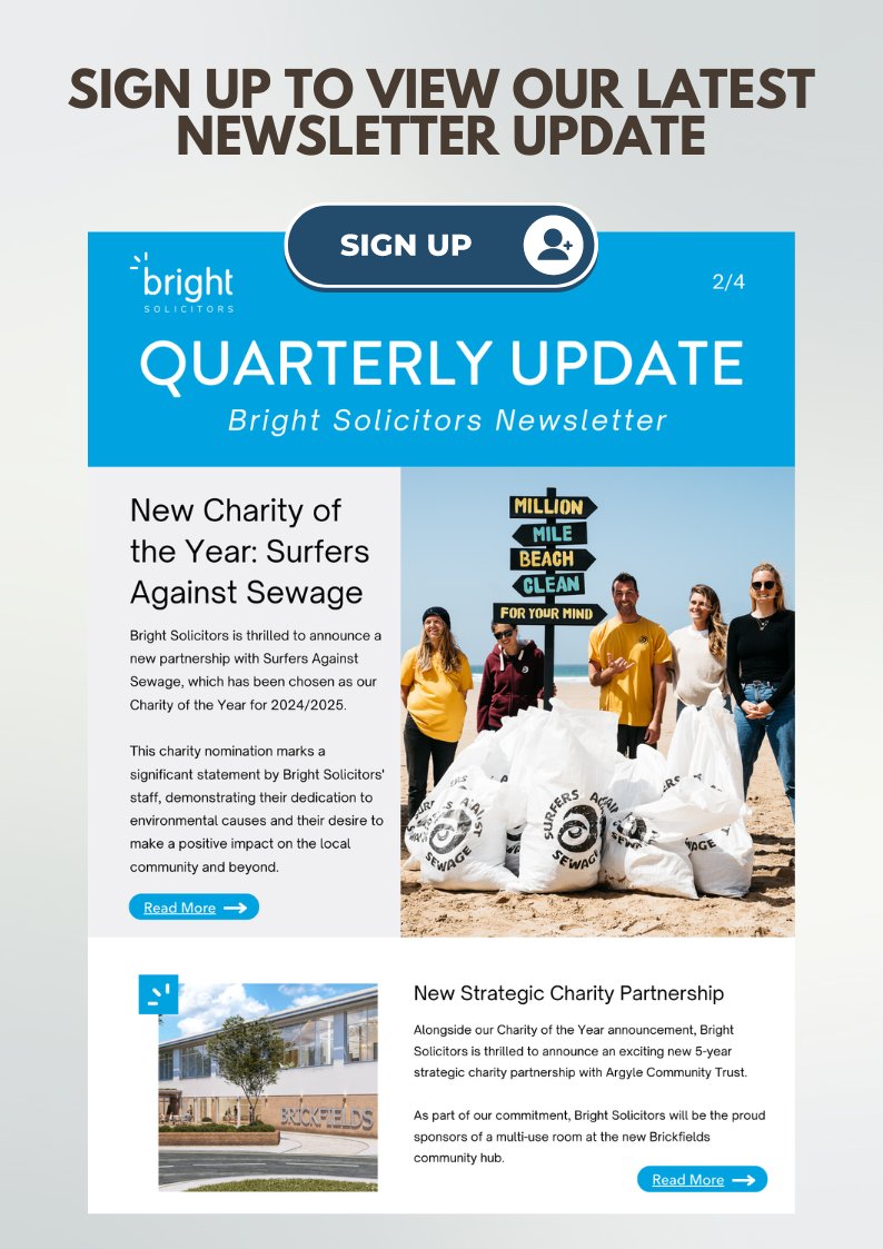 Our July Newsletter is here! 📢

Dive into the latest legal insights, updates, and tips brought to you by Bright Solicitors! 🌟

Stay informed, stay ahead! Sign up here: mailchi.mp/brightllp/wzf7…

#JulyNewsletter #Plymouth #SignUpNow