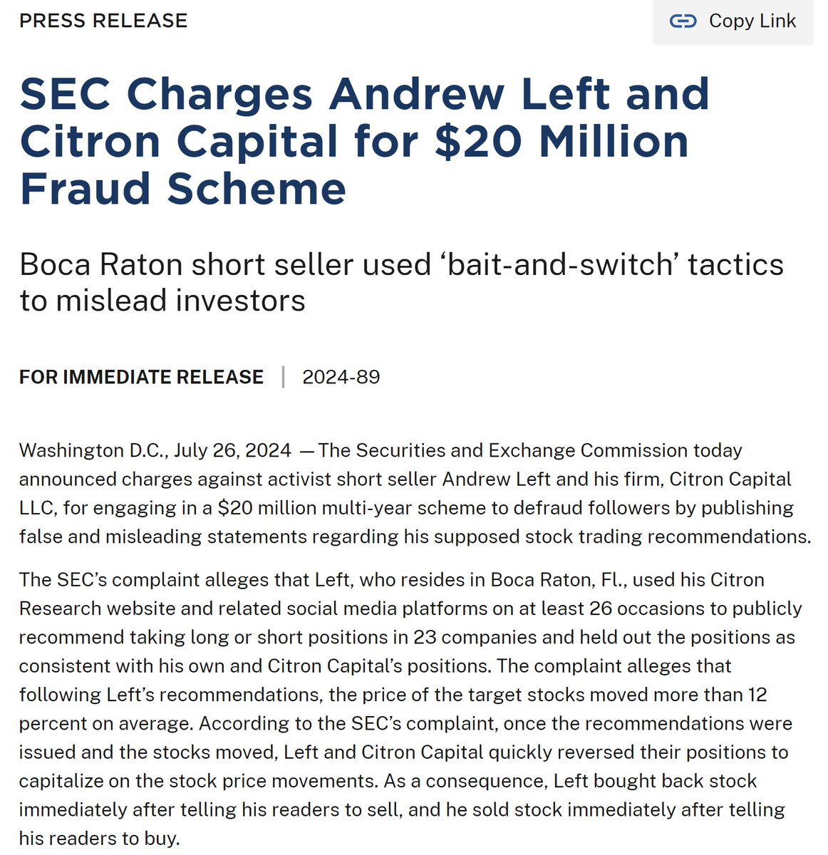 dlauer's tweet photo. Is this the first step forward in truly addressing market abuse? The SEC and DOJ together charged Andrew Left and Citron with civil and CRIMINAL charges for securities fraud and market manipulation.

This is a big deal. https://t.co/hjuuZnltl2