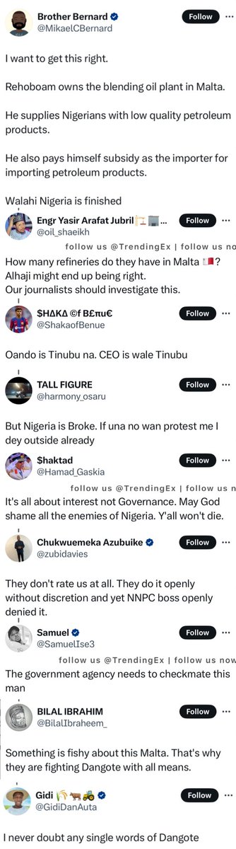 TrendingEx's tweet photo. Malta is trending because a viral image shows that a Tinubu family controls an Oil Blending plant in Malta and data shows that Nigeria petrol import from Malta, jumped from $13.32million to $2billion in only 2023 a 62,222% increase.

Last week Dr. Aliko Dangote implied that the reason the cabals won't allow Nigeria have a working refinery is because VIP's have private refineries outside the country, in places like Malta.

Now, new data reveals that Nigeria imported petroleum products worth $2.08billion in just 2023 from Malta. Marking a 62x % increase from $47.5 million in 2013.

$59.98million in 2014.
$117.01million in 2015.
$13.32million in 2016.
No imports from Malta in 2017-2022

In 2023, the figure jumped from $13.32million to $2billion.

This sudden surge revelation made some Nigerians to believe that Dangote’s claim about certain NNPC personnel owning blending plants in Malta might be accurate. Even though NNPCL MD Mele Kyari denied.

However, a trending image shows that some Nigerian elite are board members of an alleged Oando affiliated blending plant in Malta. (Ras Hanzir Oil)

PS: contrary to defensive reports, the Ras Hanzir Oil is a real oil company in Malta. There is a possibility that it's first datas have been scrapped from quick access on google.

A blending plant is where petroleum products especially AGO(Deisel) are produced by mixing base oils with some additives and other substances, then marketed as a refined product.

The company's board members include
Wale Tinubu (Chairman), Mofe Boyo (Non-Executive Director), Olufemi Adeyemo (Non-Executive Director), Adewale Tinubu Jr. (Executive Director), Omar Faraj (Non-Executive Director), and Mark B. Davis (Non-Executive Director).

According to AI.. Ras Hanzir Oil Terminal Limited is a company engaged in crude oil blending business in Malta and shipping the products to Nigeria. The company is located in Malta, with operations possibly related to the Ras Hanzir New Cargo Facility project within the Grand Harbour, Port of Valletta.

So technically, we can conclude that FG allows the importation of inferior petroleum products, just as Aliko Dangote alleged last week.

Nigerians react..
