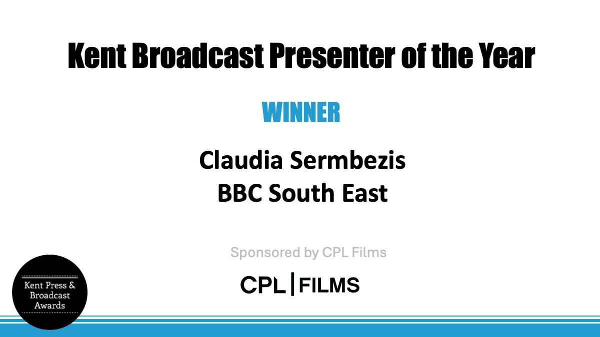 #KPBA Kent Broadcast Presenter of the Year, sponsored by <a href="/CPLFilms/">CPL Films</a>, is Claudia Sermbezis of <a href="/bbcsoutheast/">BBC South East</a>