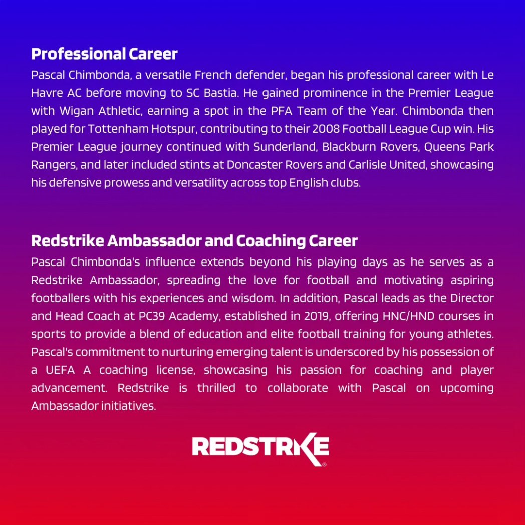 Redstrike (@redstrikesports) on Twitter photo We're thrilled to welcome former Premier League star Pascal Chimbonda as our new Football Ambassador! His passion for football and dedication to nurturing young talent make him a perfect fit. Welcome to the Redstrike family <a href="/pascalchimbond1/">chimbonda pascal</a> π€β€οΈ #Redstrike #FootballAmbassadoor We're thrilled to welcome former Premier League star Pascal Chimbonda as our new Football Ambassador! His passion for football and dedication to nurturing young talent make him a perfect fit. Welcome to the Redstrike family <a href="/pascalchimbond1/">chimbonda pascal</a> π€β€οΈ #Redstrike #FootballAmbassadoor