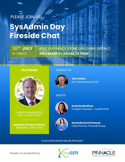 ⭐️Today July 26 at 12-1pm⭐️
📍 AT&amp;T Experience Store Discovery District
Don’t miss out on this amazing opportunity to celebrate Sysadmin Day with this special fireside chat! Open to the public!

#sysadminday #firesidechat #oxyGENerg #oxyGENDFW #ATT #techevents #lifeatATT