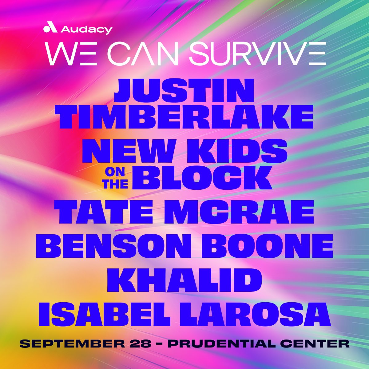 NEW๐ฝ102.7 (@new1027) on Twitter photo โจ Audacy's annual #WeCanSurvive concert is BACK! โจ
๐ค Performances by <a href="/jtimberlake/">Justin Timberlake</a>, <a href="/NKOTB/">New Kids on the Block</a>, <a href="/tatemcrae/">Tate McRae</a>, <a href="/bensonboone/">Benson</a> + <a href="/thegreatkhalid/">Khalid</a> + #IsabelLaRosa
๐
Sat, 9/28
๐ <a href="/PruCenter/">Prudential Center</a>
๐ซ Presale: 8/1 @ 10 AM ET | On sale: 8/2 @ 10 AM ET (use code NEW)
๐ auda.cy/WCSTix2024 โจ Audacy's annual #WeCanSurvive concert is BACK! โจ
๐ค Performances by <a href="/jtimberlake/">Justin Timberlake</a>, <a href="/NKOTB/">New Kids on the Block</a>, <a href="/tatemcrae/">Tate McRae</a>, <a href="/bensonboone/">Benson</a> + <a href="/thegreatkhalid/">Khalid</a> + #IsabelLaRosa
๐
Sat, 9/28
๐ <a href="/PruCenter/">Prudential Center</a>
๐ซ Presale: 8/1 @ 10 AM ET | On sale: 8/2 @ 10 AM ET (use code NEW)
๐ auda.cy/WCSTix2024