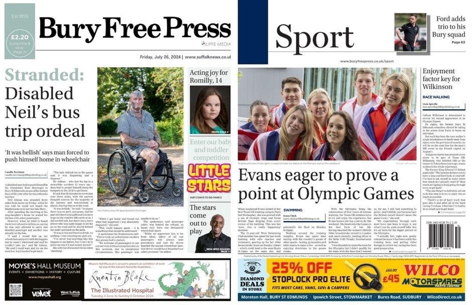 Splash is a disabled #Bury man denied a bus ride - forcing him to push himself 3 miles to get home. Plus how to enter our baby &amp; toddler comp. There's our Olympic stars, and an acting success story for 14-year-old Romilly. On sale all week. Subscribe for 50p/week #news