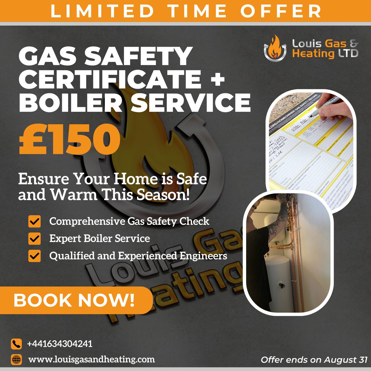 Secure Your Home and Save!
Grab our unbeatable offer: Gas Safety Certificate + Boiler Service for just £150! Ensure a safe
and cozy home with our expert team. Book now—offer ends August 31!
Call us: 01634 304241
Message us: info@louisgasandheating.com