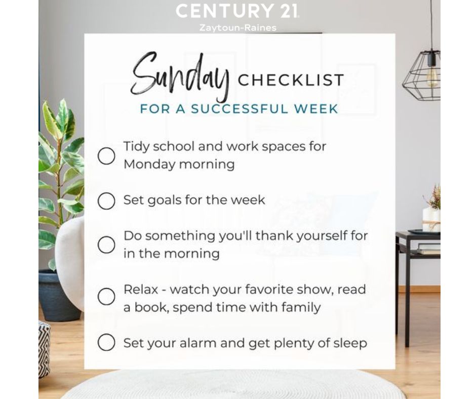 21Raines66872's tweet image. A successful week starts on Sunday! Check these items off of your list tonight to set yourself up for a good day and, ultimately, good week. 👍 ✔️
#C21ZR #SundayChecklist #SetGoals #SuccessfulWeek