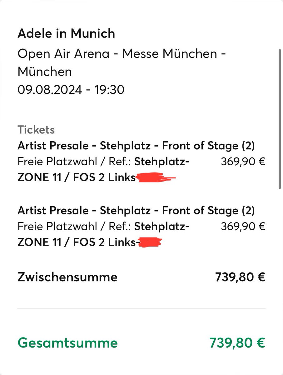 sarahteaa's tweet photo. Verkaufe 2x FOS(2) Links für den 9.8 für 280€ pro Karte bzw. 560€ insgesamt #adelemunich #adele https://t.co/IgcpshqaOM