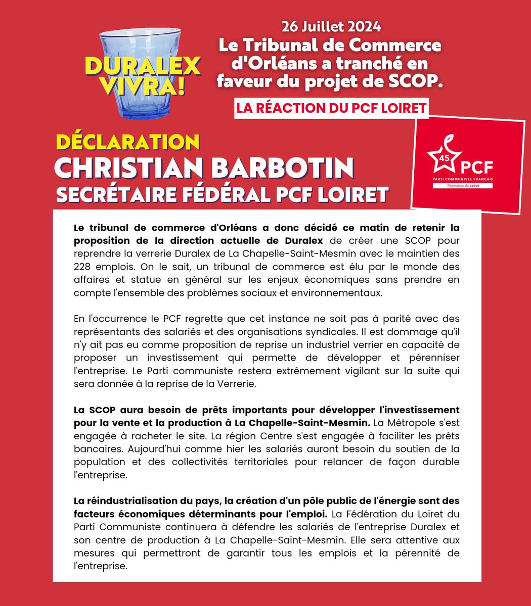 PCFLoiret's tweet photo. 🔴 Duralex : Le tribunal de commerce a tranché ce matin en faveur du projet de SCOP.

Le PCF Loiret continuera à défendre les salariés de l'entreprise Duralex. La fédération sera attentive aux mesures qui permettront de garantir tous les emplois et la pérennité de l'entreprise. https://t.co/aodJaSBSJG