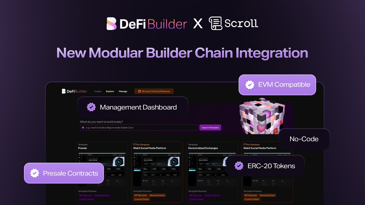 thedefibuilder's tweet image. 📜 Scroll Integration on DeFi Builder ⚙️

We are happy to announce that @Scroll_ZKP has joined the list of integrated chains on our Modular Builder, opening the doors for scroll users to launch their own projects faster than ever through our no-code tools.

Try it out!…