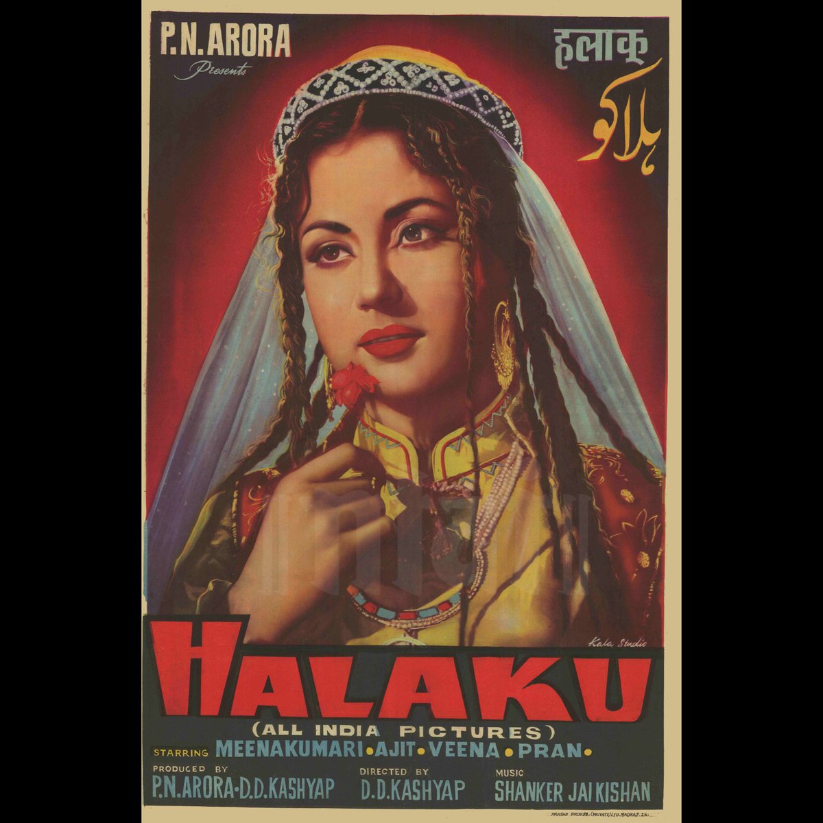 NFAIOfficial's tweet photo. #MeenaKumari makes a regal appearance on the scarlet-hued poster of Halaku (1956), directed by D.D. Kashyap. In the film, Pran plays the titular role of the Mongol king Halaku while Meena Kumari plays Niloufer, a young woman the ruler falls in love with.  #PosterOfTheWeek https://t.co/7rT8aGkCae