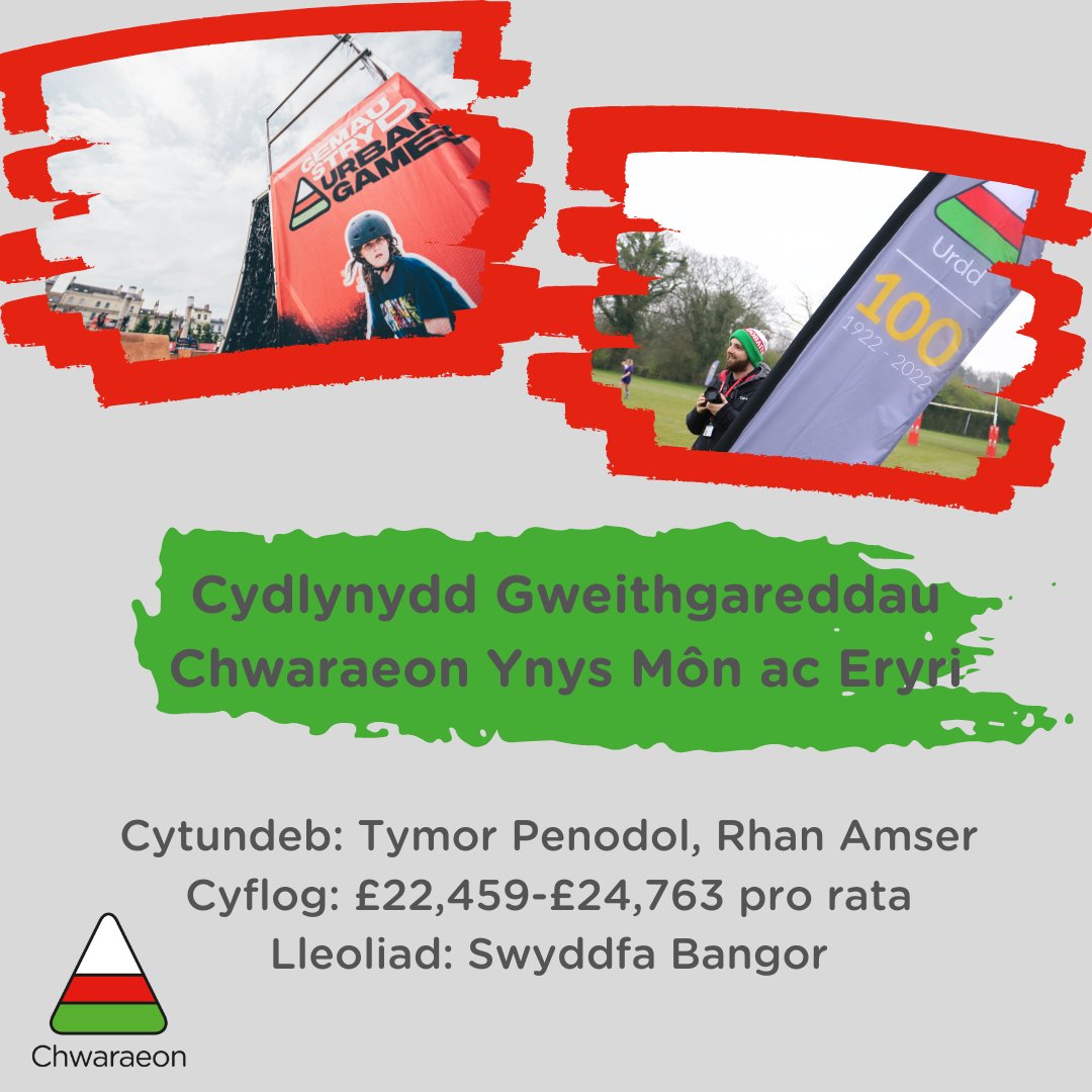 ⭐️Cyfle cyffroes i unigolyn brwdfrydig a weithgar ymuno a thîm Adran Chwaraeon yr Urdd⭐️
👉Cydlynydd Gweithgareddau Chwaraeon Ynys Môn ac Eryri
📍Swyddfa Bangor
📝Tymor penodol (12 mis), rhan amser (14 awr yr wythnos)
💡£22,459-£24,763 pro rata
🗓️Dyddiad cau: 09 Awst