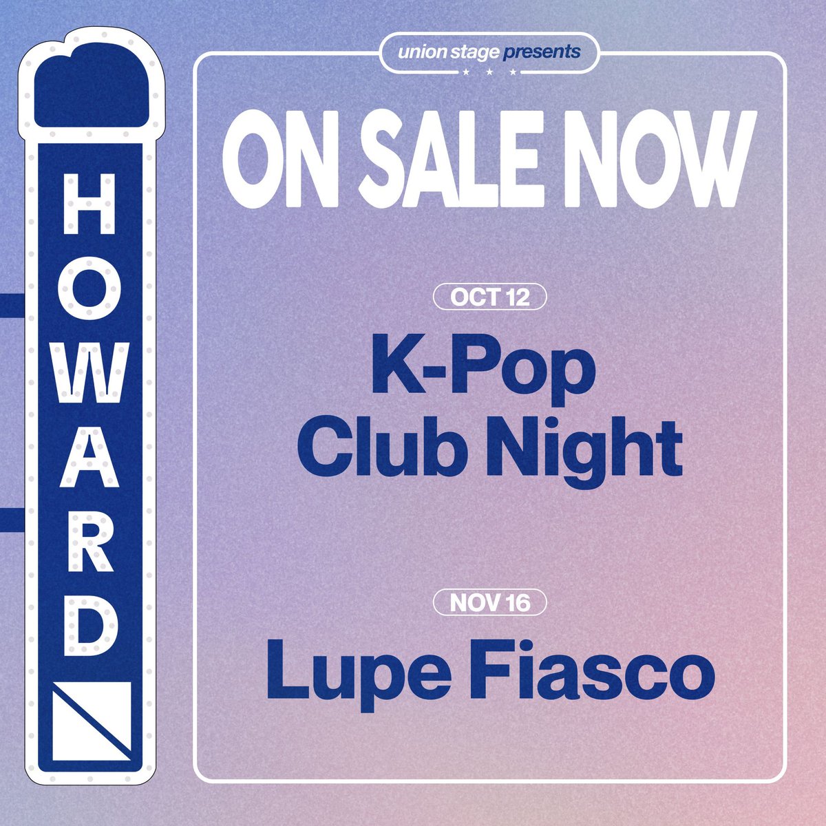 On Sale Now!

10.12 — K-Pop Club Night
11.16 — Lupe Fiasco 

Tickets available at the link in bio!