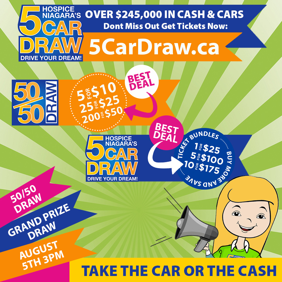 HospiceNiagara's tweet image. Get your tickets for the 5 Car Draw and our 50/50 raffle! 

Add on 50/50 tickets and double your chance to win!

 Visit 5CarDraw.ca to buy now. 

#5CarDraw #Cars #WinACar #5050 #community #fundraiser